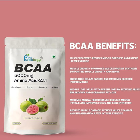 thePurology BCAA 5000mg Amino Acid-2:1:1 Supplement, Pink Guava Flavour, 20 Servings, 100g thePurology BCAA 5000mg Amino Acid-2:1:1 Supplement, Pink Guava Flavour, 20 Servings, 100g