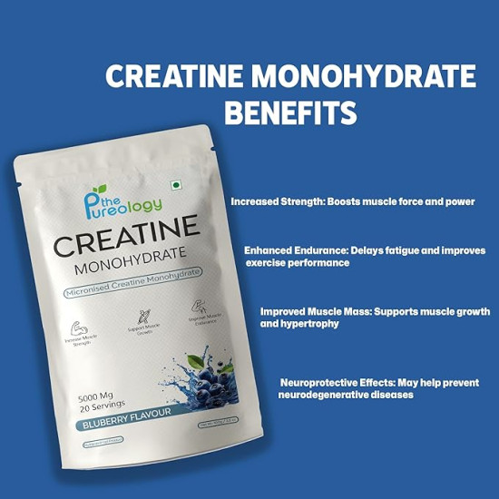 thePureology Creatine Monohydrate Supplement, Micronised, Blueberry Flavour, 5000 Mg, 20 Servings