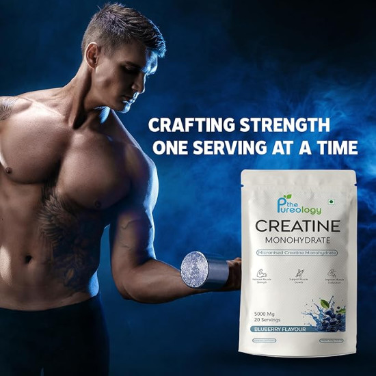 thePureology Creatine Monohydrate Supplement, Micronised, Blueberry Flavour, 5000 Mg, 20 Servings