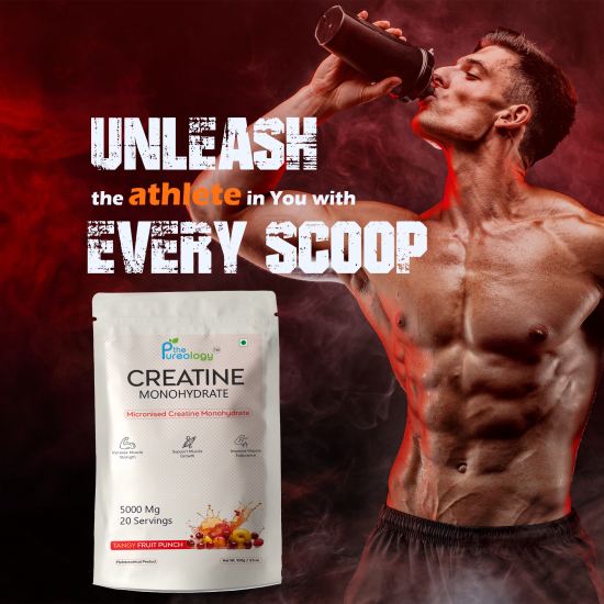 thePureology Creatine Monohydrate Supplement, Micronised, Tangy Fruit Punch Flavour, 5000 Mg, 20 Servings