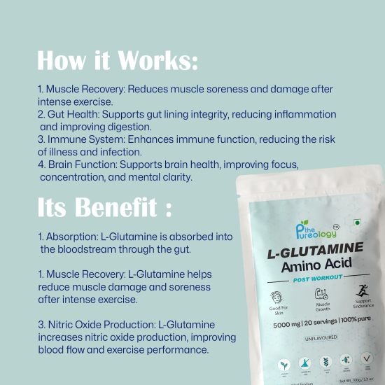 thePureology L-Glutamine Amino Acid, 5000 mg, 20 Servings, Unflavoured, 100% Pure, 100g thePureology L-Glutamine Amino Acid, 5000 mg, 20 Servings, Unflavoured, 100% Pure, 100g