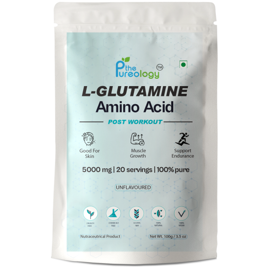 thePureology L-Glutamine Amino Acid, 5000 mg, 20 Servings, Unflavoured, 100% Pure, 100g thePureology L-Glutamine Amino Acid, 5000 mg, 20 Servings, Unflavoured, 100% Pure, 100g