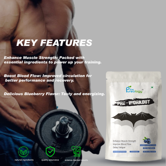 thePureology Pre-Workout Caffeine 300 Energy Supplement Powder for Men, Women | Helps in increasing Performance, Focus and Endurance Blueberry Flavour, 20 Servings, 100g