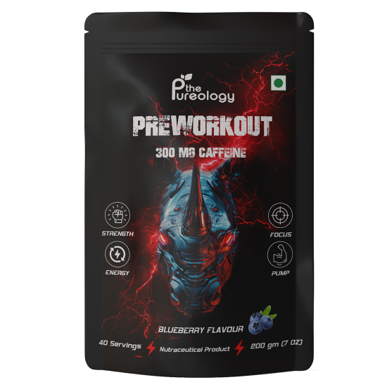 thePureology Pro Pre-Workout Caffeine 300 Energy Supplement Powder for Men, Women | Helps in increasing Performance, Focus and Endurance Blueberry Flavour, 20 Servings, 100g
